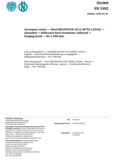 ONORM EN 3482:2020 - Aerospace series - Steel X8CrNiTi18-10 (1.4878/1. ...