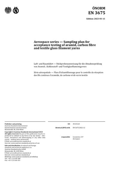 3675 Instrument ONORM EN 3675:2023 - Aerospace series - Sampling plan for acceptance ...