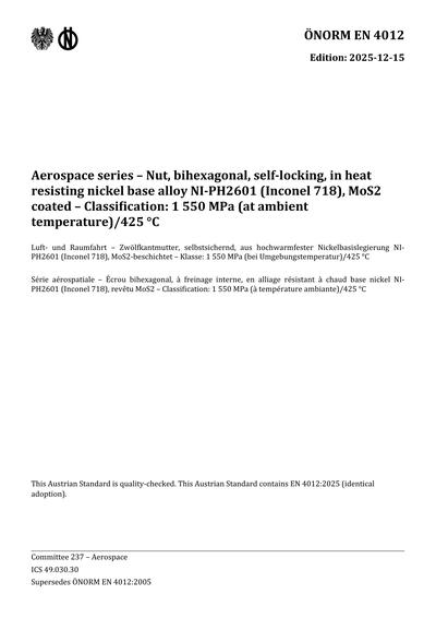 ONORM EN 4012:2025 - Aerospace series - Nut, bihexagonal, self-locking ...