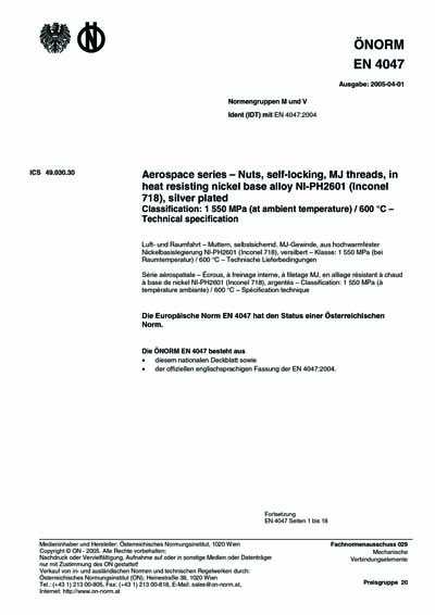 ONORM EN 4047:2005 - Aerospace series - Nuts, self-locking, MJ threads ...
