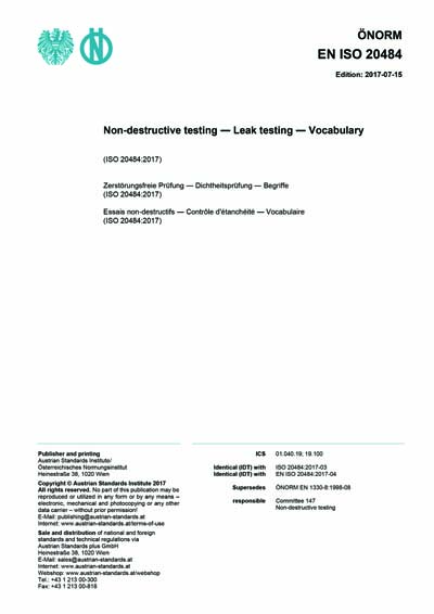 ONORM EN ISO 20484 2017 Non destructive Testing Leak Testing 