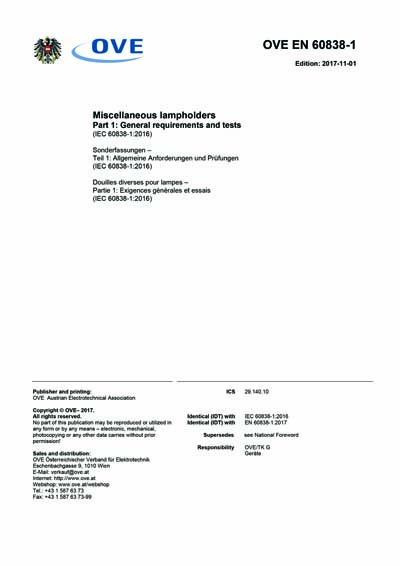 OVE EN 60838-1:2017 - Miscellaneous lampholders -- Part 1: General ...