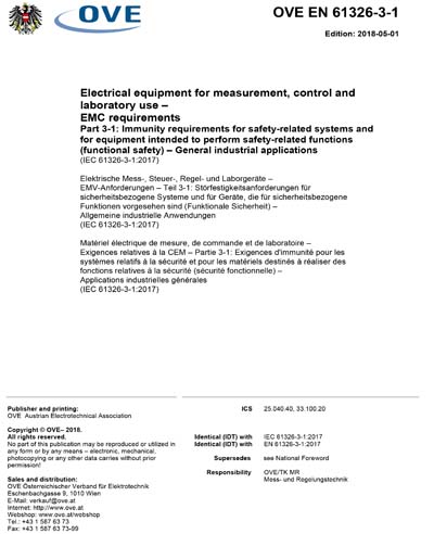 Ove En 3 1 18 Electrical Equipment For Measurement Control And Laboratory Use Emc Requirements Part 3 1 Immunity Requirements For Safety Related Systems And For Equipment Intended To Perform Safety Related Functions Functional