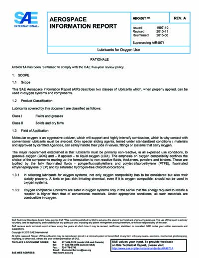 SAE AIR 4071A-2010 (SAE AIR4071A-2010) - Lubricants for Oxygen Use