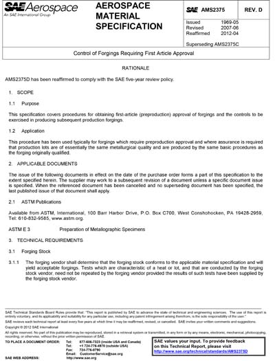SAE AMS 2375D-2007 (SAE AMS2375D-2007) - Control of Forgings Requiring ...