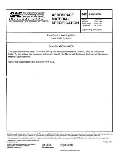 SAE AMS 2815W-2001 - Identification Welding Wire Line Code System