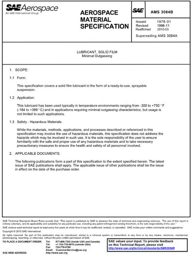 SAE AMS 3084B-1996 (SAE AMS3084B-1996) - Lubricant, Solid Film Minimal ...