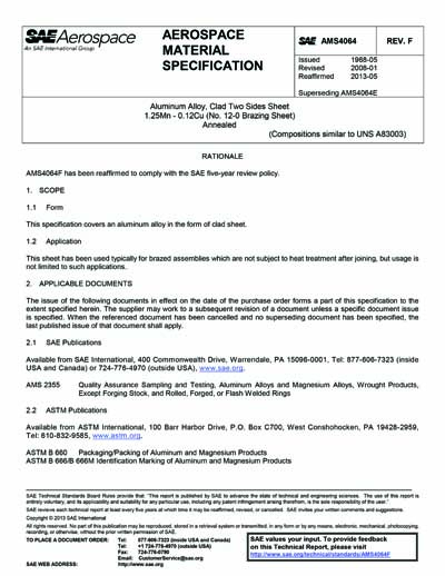 SAE AMS 4064F-2008 (SAE AMS4064F-2008) - Aluminum Alloy, Clad Two Sides ...