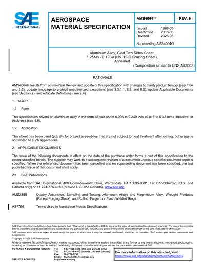SAE AMS 4064H-2026 - Aluminum Alloy, Clad Two Sides Sheet, 1.25Mn - 0 ...