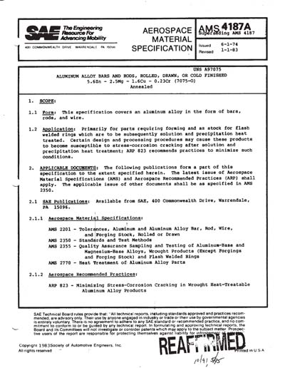 SAE AMS 4187A-2011 - ALUMINUM ALLOY BARS AND RODS, ROLLED, DRAWN, OR ...