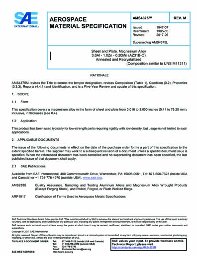 SAE AMS 4375M-2017 - Sheet and Plate, Magnesium Alloy 3.0Al - 1.0Zn - 0 ...
