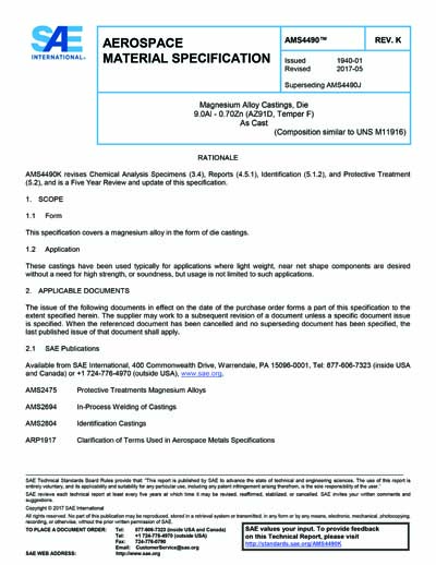 SAE AMS 4490K-2017 - Magnesium Alloy Castings, Die 9.0Al - 0.70Zn ...