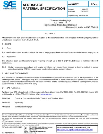 SAE AMS 4973J-2020 - Titanium Alloy Forgings, 8Al - 1Mo - 1V, Solution ...