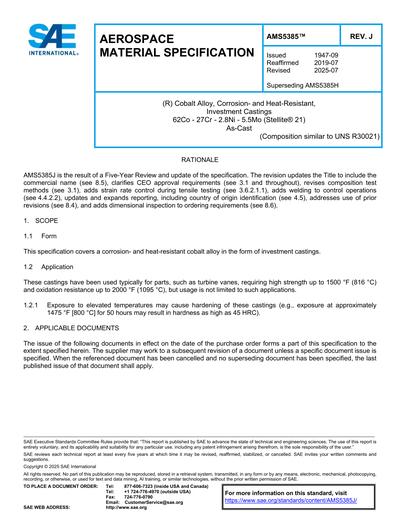 SAE AMS 5385J-2025 - Cobalt Alloy, Corrosion- and Heat-Resistant ...