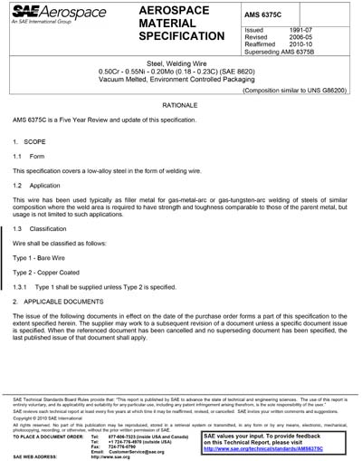 SAE AMS 6375C-2006 (SAE AMS6375C-2006) - Steel, Welding Wire 0.50Cr 0 ...