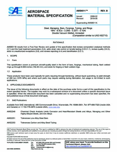 SAE AMS 6511B-2018 - Steel, Maraging, Bars, Forgings, Tubing, and Rings ...