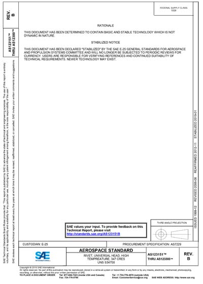 SAE AS 123151B-2019 - Rivet, Universal Head, High Temperature, 347 Cres ...