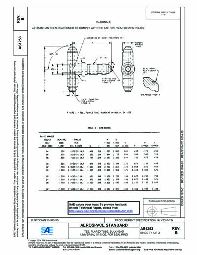 SAE AS 1253B-1994 (SAE AS1253B-1994) - Tee, Flared Tube, Bulkhead ...