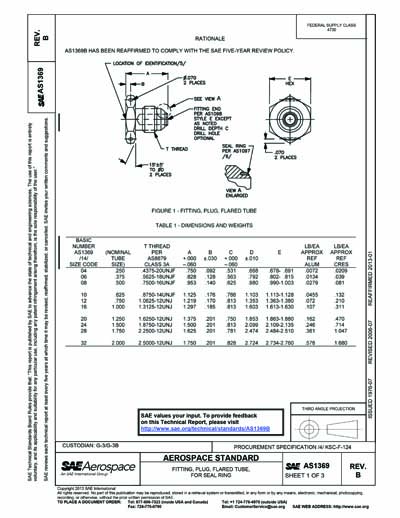 SAE AS 1369B-2006 (SAE AS1369B-2006) - Fitting, Plug, Flared Tube for ...