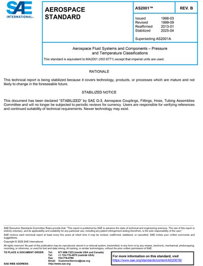 SAE AS 2001B-2025 - Aerospace Fluid Systems and Components – Pressure ...