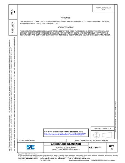 SAE AS 21240A-2025 - BEARING, SLEEVE, PLAIN, SELF-LUBRICATING 65 TO +250 °F