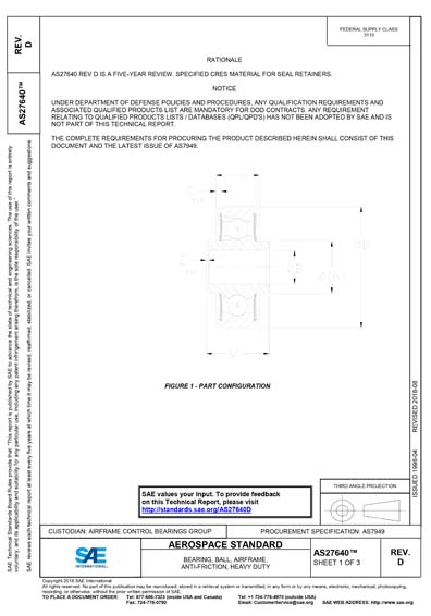 SAE AS 27640D-2018 - Bearing, Ball, Airframe, Anti-Friction, Heavy Duty