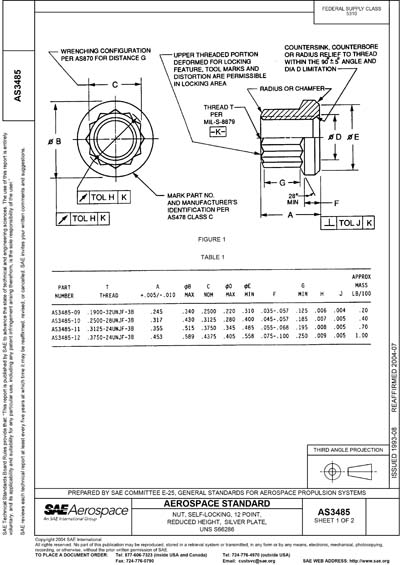 SAE AS 3485-1992 (SAE AS3485-1992) - Nut, Self-Locking, 12 Point
