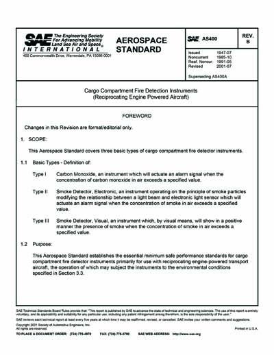 SAE AS 400B-2001 (SAE AS400B-2001) - Cargo Compartment Fire Detection ...