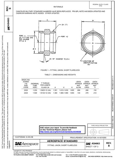 SAE AS 4663B-2011 (SAE AS4663B-2011) - Fitting, Union, Short Flareless
