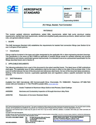 SAE AS 4843A-2016 (SAE AS4843A-2016) - Fittings, Beaded, Fluid Connection