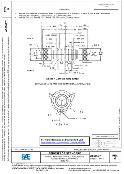 SAE AS 5869G-2020 - FITTING ASSEMBLY, UNION, 3 HOLE FLANGE AXIALLY ...