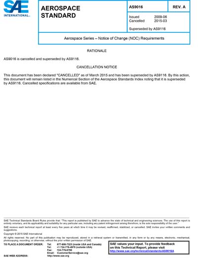 SAE AS 9016A 2015 SAE AS9016A 2015 Aerospace Series Notice Of 