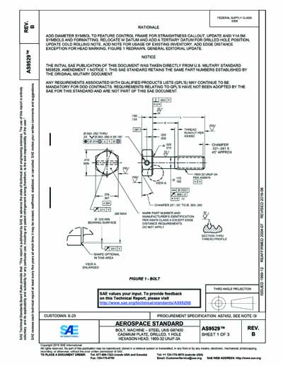 SAE AS 9529B-2016 (SAE AS9529B-2016) - BOLT, MACHINE - STEEL UNS G87400 ...