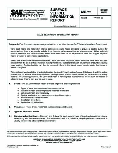 SAE J 1692-1993 (SAE J1692-1993) - Valve Seat Insert Information