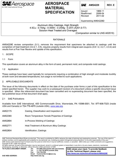 SAE AMS 4229E-2011 (SAE AMS4229E-2011) - Aluminum Alloy Castings, High ...