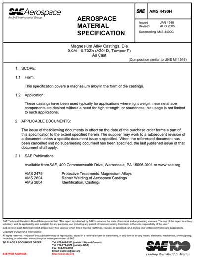 SAE AMS 4490H-2005 (SAE AMS4490H-2005) - Magnesium Alloy Castings, Die ...