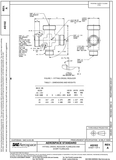 SAE AS 102A-1994 (SAE AS102A-1994) - Fitting, Cross, Reducer, Flareless ...