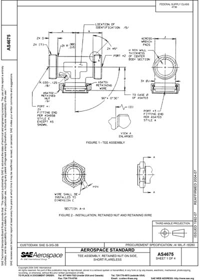 SAE AS 4675-1992 (SAE AS4675-1992) - Tee Assembly, Retained Nut on Side ...