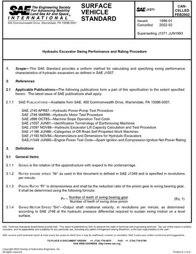 SAE J 1371-1993 (SAE J1371-1993) - Hydraulic Excavator Swing
