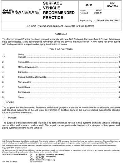SAE J 1781-2006 (SAE J1781-2006) - Ship Systems and Equipment~Materials ...