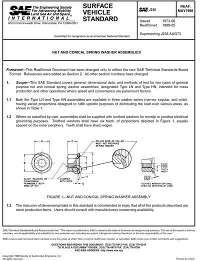 J238 Form.pdf SAE J 238-1998 (SAE J238-1998) - Nut and Conical Spring Washer Assemblies