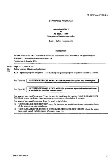 AS 1067.1-1990/Amdt 1-1990 - Sunglasses and fashion spectacles - Safety ...