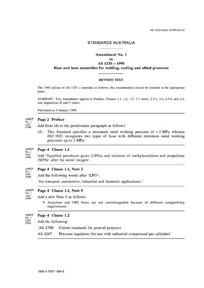 AS 1335-1995/Amdt 1-1998 - Hose and hose assemblies for welding ...