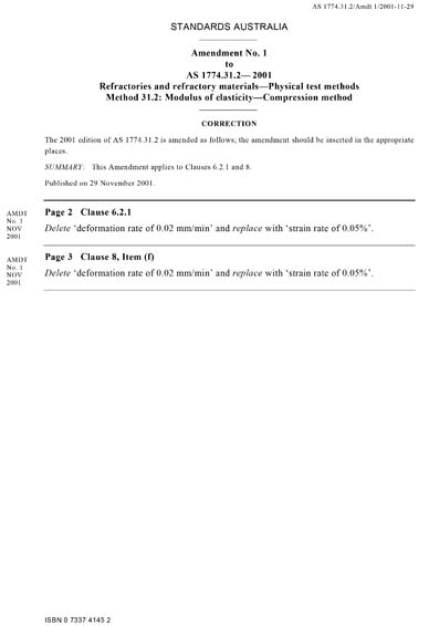 AS 1774.31.2-2001/Amdt 1-2001 - Refractories and refractory materials ...
