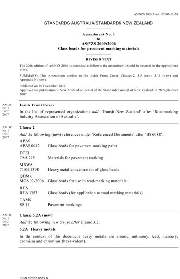 AS/NZS 2009:2006/Amdt 1:2007 - Glass beads for pavement marking ...