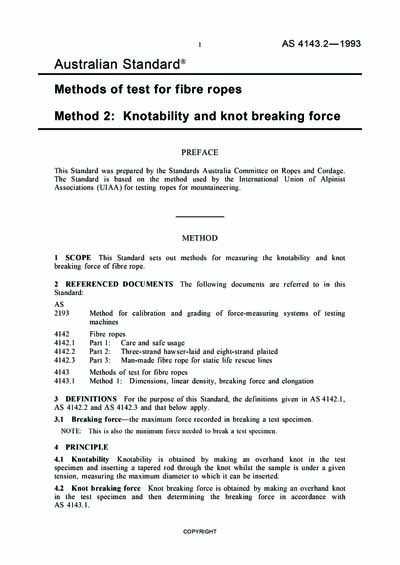 AS 4143.2-1993 - Methods of test for fibre ropes - Knotability and knot ...