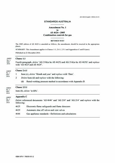 AS 4624-2005/Amdt 1-2016 - Combination controls for gas (FOREIGN STANDARD)