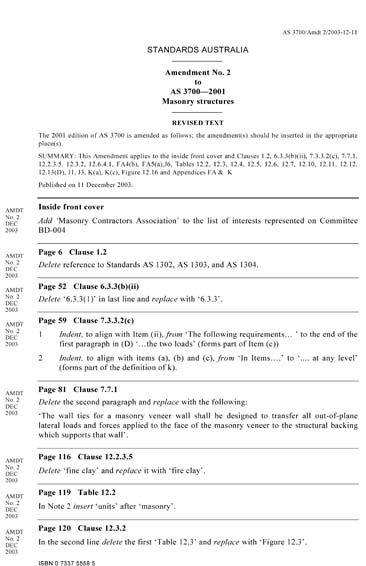 AS 3700-2001/Amdt 2-2003 - Masonry structures (FOREIGN STANDARD)