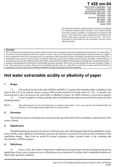 T 428 - Hot water extractable acidity or alkalinity of paper