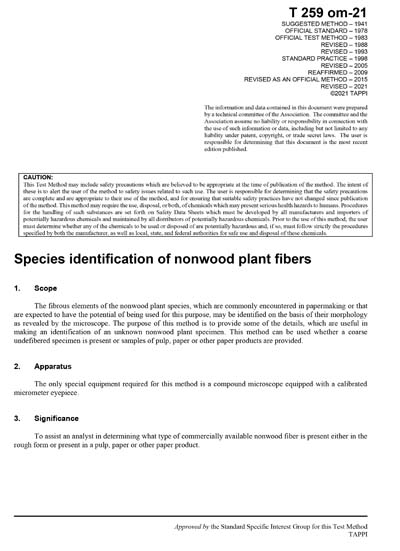 T 259 TAPPI/ANSI T 259 om-21 - Species identification of nonwood plant fibers